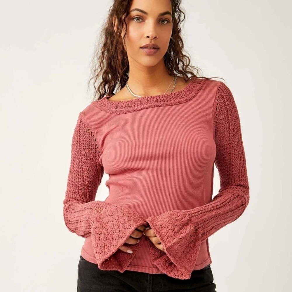 Free People Cuffing Season Red Crochet Sleeve Top Bell Sleeves Size M 7369 EUC